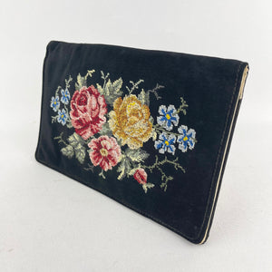 Original 1940's or 1950's Black Fabric Clutch Bag with Embroidered Roses and Flowers