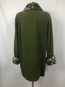 1950s Green Wool Coat with Faux Fur Leopard Print Trim 38 40 42
