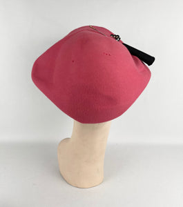 Charming Original 1950's Rosebud Pink Felt Hat with Black and Faux Pearl Trim *