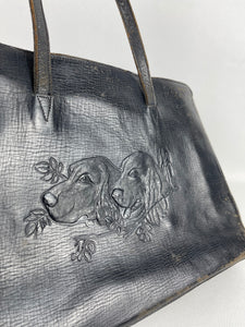 Original 1930's Blue Leather Handbag with Embossed Dog Detail