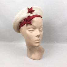 Load image into Gallery viewer, 1940s Cream Straw Hat with Red Grosgrain Trim and Red Stars
