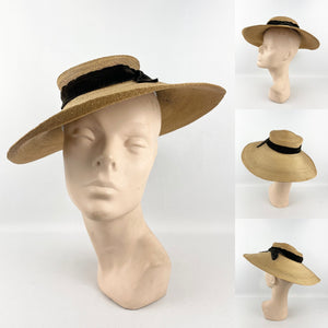 Original 1940s Natural Straw Hat with Black Velvet Trim - AS IS