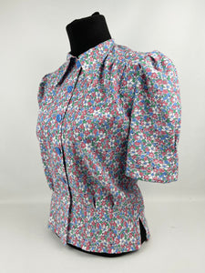 RESERVED 1940s Reproduction Floral Print Blouse with Red, White and Blue Flowers - B34 35