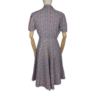 Original 1940's Floral Stripe Cotton Day Dress with Chevron Skirt - Bust 38 *