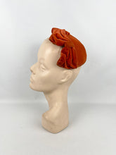 Load image into Gallery viewer, RESERVED Original 1950’s Rust Cotton Velvet Half Hat with Double Bow Trim - Perfect for Autumn

