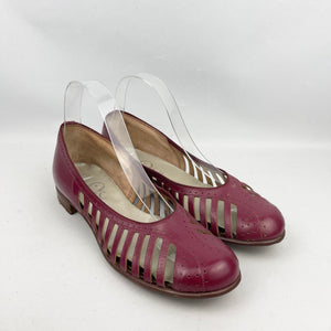 Original 1950’s Burgundy Leather Summer Sandals with Openwork Sides - UK 6 6.5
