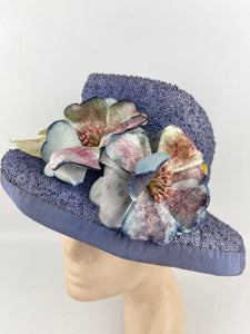 Original 1940’s Lavender Straw Bonnet Hat with Pretty Floral Trim - Vintage Summer Straw Hat *