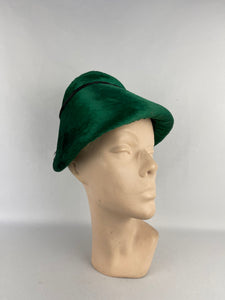 Original 1950's Bonnet Style Hat in Vibrant Green Velvet with Black Trim