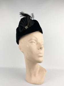 Original 1940s Black Velvet Military Inspired Hat with Paste and Feather Trim