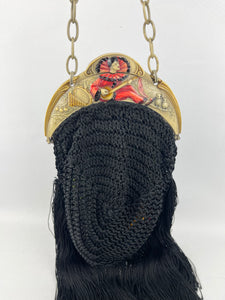 Original 1920's French Made Antique Crochet Bag with Celluloid Frame Decorated with Pierrot, Owls and Musical Instruments