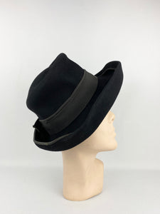 Original 1930s 1940s Inky Black Felt Hat with Wide Brim and Grosgrain Trim
