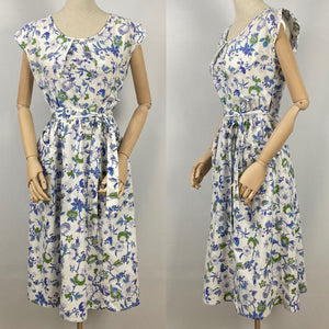 Original 1940s Blue and Green Floral Cotton Dress by Swirl Reg'd - Bust 36 38