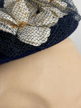 Load image into Gallery viewer, Original 1940&#39;s Blue Felt Topper Hat with Net and White Floral Trim *
