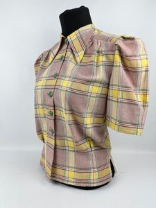 1940s Reproduction Blouse in Green, Yellow and Brown Check - B34 35 36