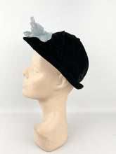 Load image into Gallery viewer, 1930s Black Velvet Hat with Ice Blue Feather Trim and Bow
