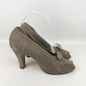 Original 1940's Grey Suede Peep-toe Shoes with Paste Clips and Punch Detail - UK 4