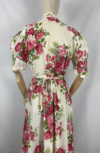 Load image into Gallery viewer, Original 1940s White Hostess Gown with Pretty Pink Rose Print - Great Maxi Dress - Bust 36&quot; 38&quot;
