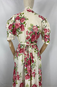 Original 1940s White Hostess Gown with Pretty Pink Rose Print - Great Maxi Dress - Bust 36" 38"