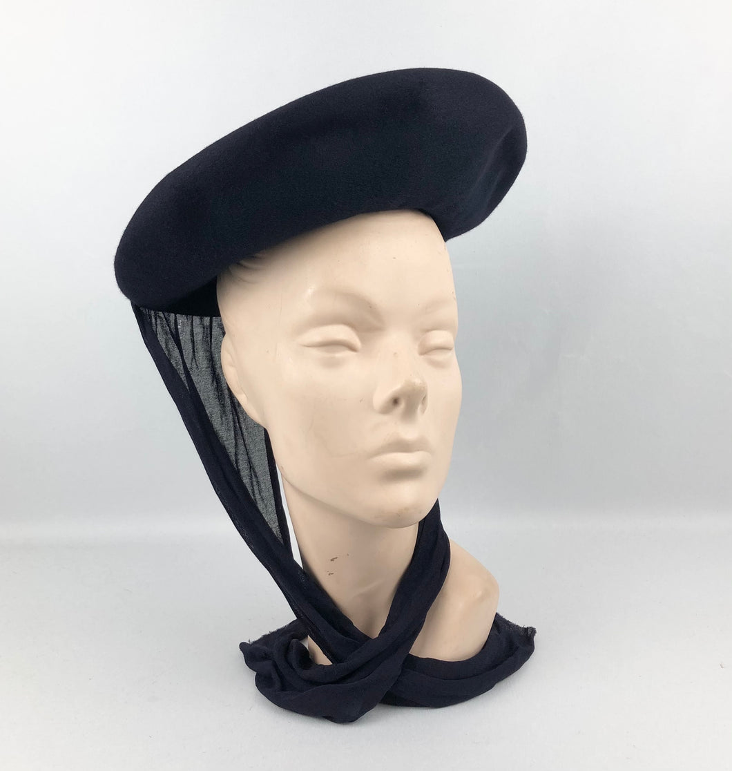 1940s Midnight Blue American Made Felt Hat with Jersey Scarf