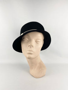 Original 1920’s 1930's Black Felt Cloche Hat With White Metal Faux Buckle Trim *