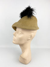 Load image into Gallery viewer, Original 1930s Taupe Felt &quot;Fez&quot; Hat with Black Ostrich Feather Trim
