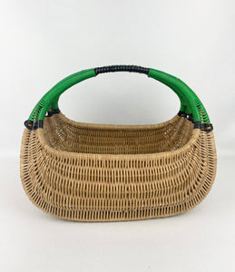 Original 1930's Wicker Basket with Black and Green Trim - Perfect Picnic Basket