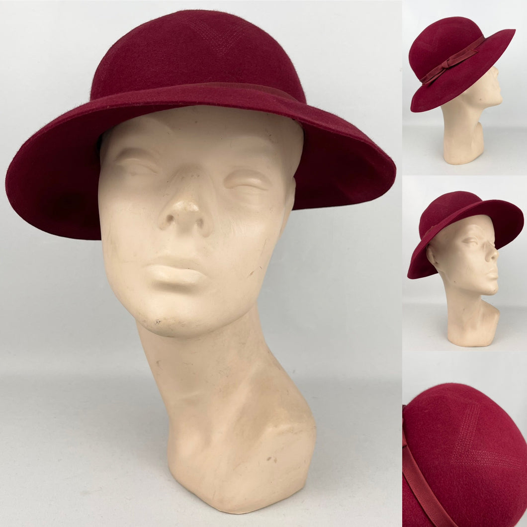 Vintage Burgundy Felt Hat with Chevron Seaming Detail - Henry Heath Gipsy Hat