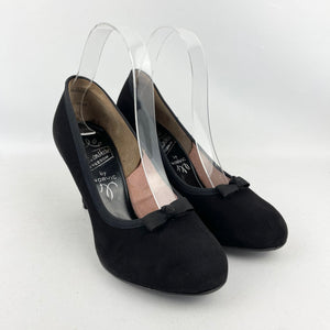 Original 1940's 1950's Black Suede Bow Fronted Court Shoes - UK 5