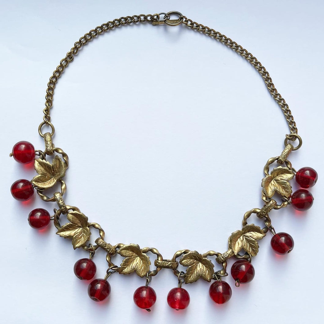 Original 1940's Gold Tone Choker Necklace with Leaves and Cranberry Coloured Glass Droplets - Length 17
