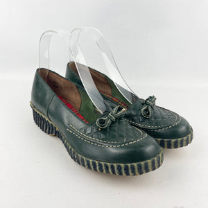 Original 1940's 1950's Forest Green Leather Slip on Shoes with Bow Trim - UK 5 *