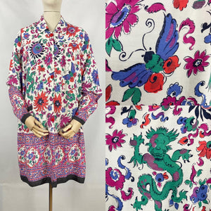 Original 1940s Novelty Print Cotton Smock with Smiling Chinese Dragon Design