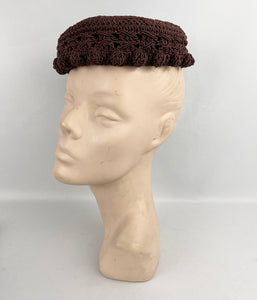 Original 1950’s Rich Chocolate Brown Crochet Topper Hat - Classic Vintage Hat