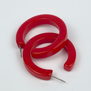 Vintage 1940's 1950's Bright Red Bakelite Hoop Earrings for Pierced Ears