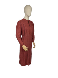 Original 1930's Long Sleeved Floppy Cotton Day Dress in Rust with Floral Print - Bust 34 36