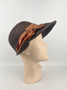 Original 1930s Brown Straw Cloche Hat with Rust Coloured Polka Dot Ribbon Trim and Metal Feather Trim