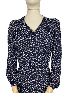 Original 1930's/1940's Volup Novelty Print Day Dress in Navy and White with Butterfly Print - Bust 44 46