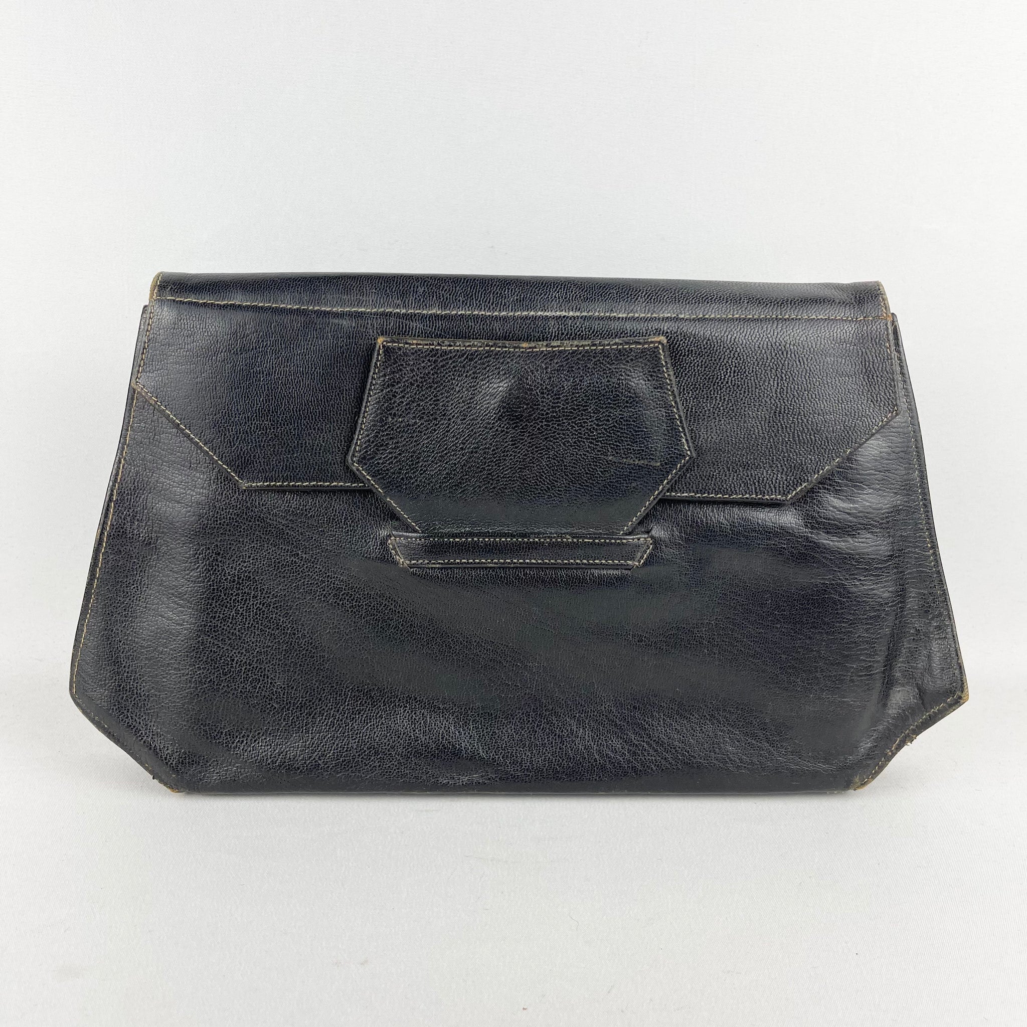Original 1930 s 1940 s Black Leather Clutch Bag Great Sized Piece 1940s Style For You