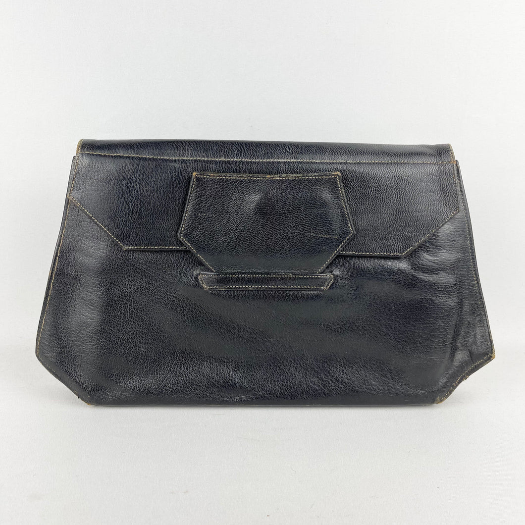 Original 1930 s 1940 s Black Leather Clutch Bag Great Sized