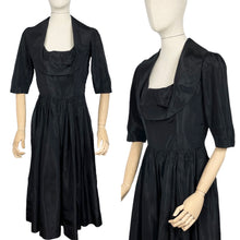 Load image into Gallery viewer, Original 1950&#39;s Inky Black Taffeta Cocktail Dress - Fabulous Little Black Dress with Front Drapes - Bust 34 35
