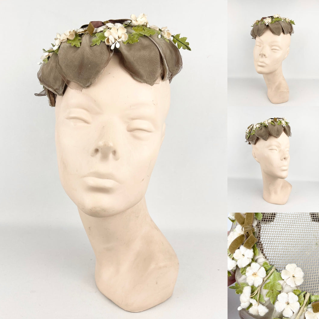 Original 1950's Petal Hat in Brown with Cream Flowers and Velvet Bow Trim