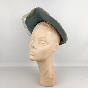 Original 1930’s 1940’s Blue Grey Bogie De Bow Felt Hat with Bow and Net Trim with Matching Hat Pins