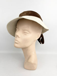 Original 1930's Cream Felt Hat with Warm Brown Velvet and Floral Trim