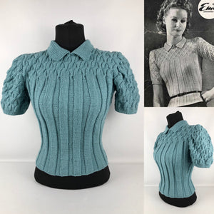 Reproduction 1940s Rib and Cable Knit Jumper in Bashful Blue Acrylic - B36 38 40