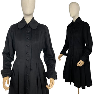 Original 1940's Black Wool Fit and Flair Princess Coat by Pober of New York - Bust 34"