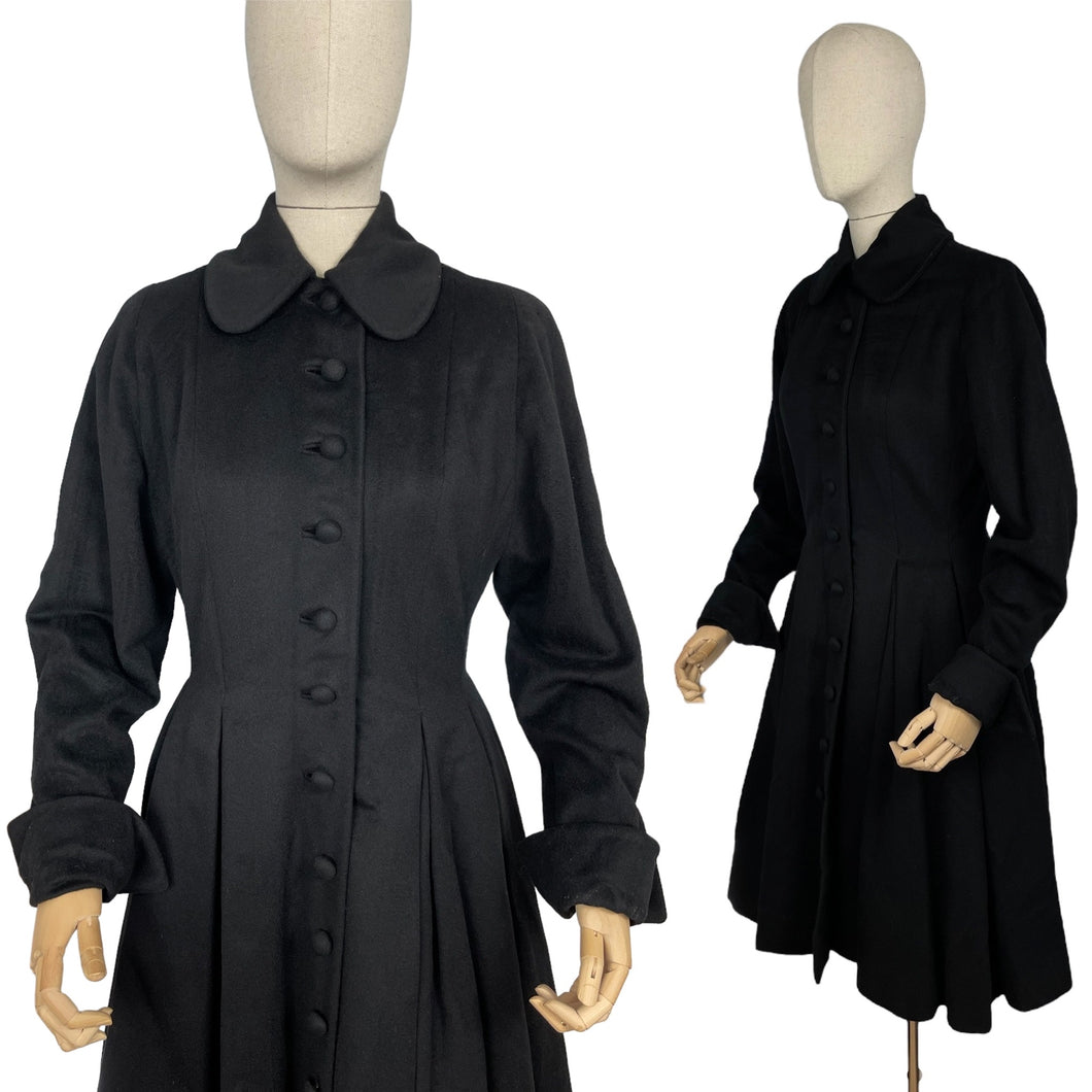 Original 1940's Black Wool Fit and Flair Princess Coat by Pober of New York - Bust 34