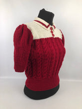 Load image into Gallery viewer, 1940s Reproduction Colour Block Cable Knit Jumper in Ruby and Cream - Bust 40 42 44 46 - Volup Knitwear
