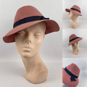Original 1940’s Dusky Pink Felt Fedora Hat with Grosgrain Trim *