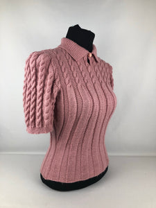 Reproduction 1940s Rib and Cable Knit Jumper in Rose Pink Acrylic - B34 35 36