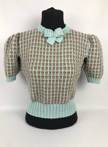 Reproduction 1940s Waffle Stripe Jumper Knitted from a Wartime Pattern in Duck Egg and Mocha - B 37 38 39 40 41