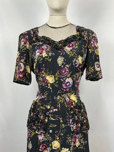 Original 1940s Black Floral Dress with Sweetheart Net Covered Neckline - Bust 36 38